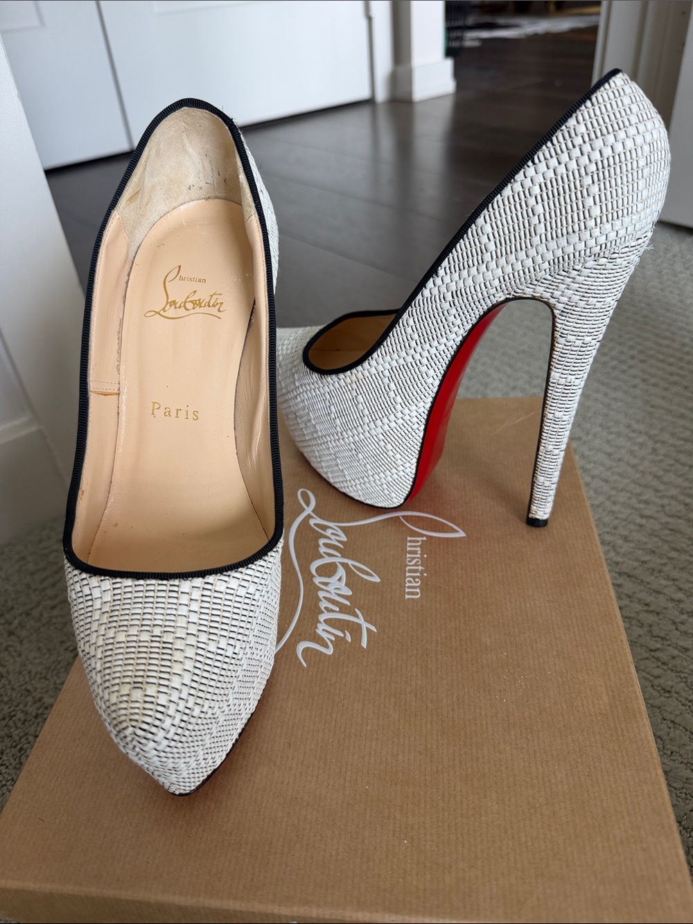 Christian Louboutin White Woven Pointed Pumps with Black Trim and Red Sole